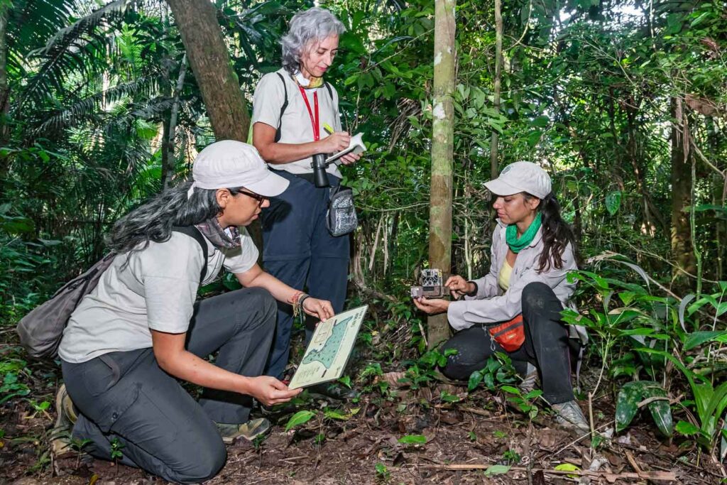 Equipo ARBIO. Gianella, Rocío y Tatiana Espinosa en el bosque amazónico.